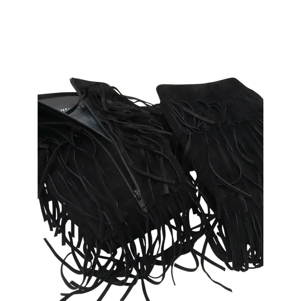 Stuart Weitzman Fringie Black Suede Fringe Boots 7.5 M Over The Knee Western NEW